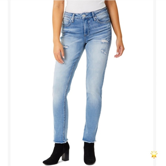 SIZE 14 SEVEN7 SLIM STRAIGHT LIGHT BLUE JEAN FRAYED HEM STRETCH - Picture 3 of 16